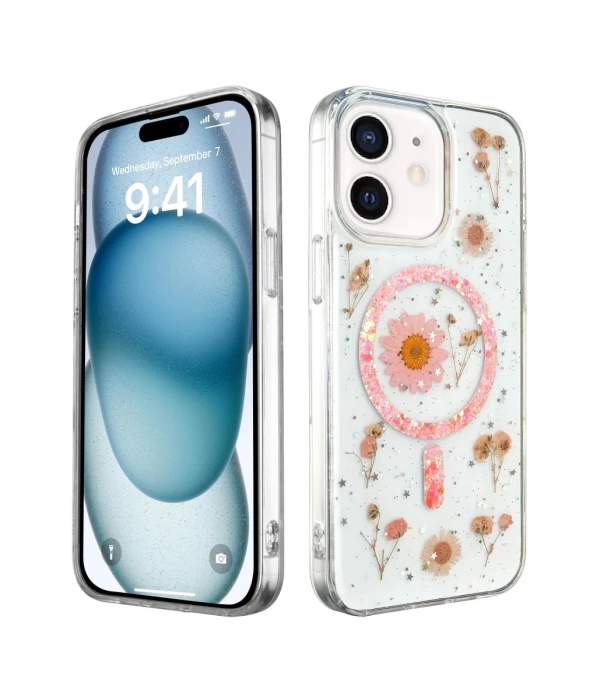 Newface iPhone 12 Kılıf Daisy Simli Magsafe Kapak - Pembe