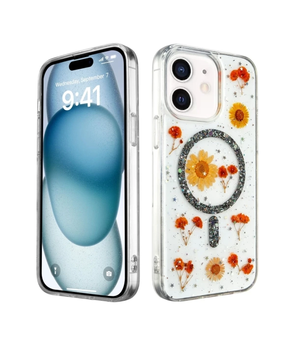 Newface iPhone 12 Kılıf Daisy Simli Magsafe Kapak - Siyah
