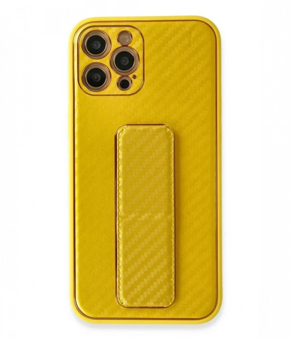 Newface iPhone 12 Pro Max Kılıf Coco Karbon Standlı Kapak - Sarı