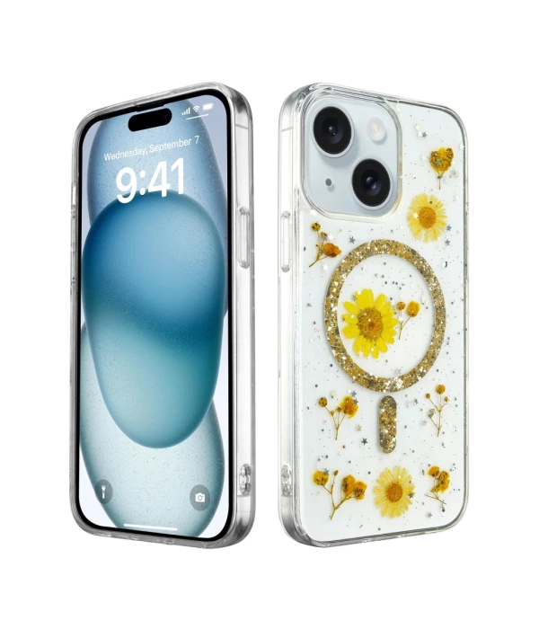 Newface iPhone 14 Kılıf Daisy Simli Magsafe Kapak - Gold