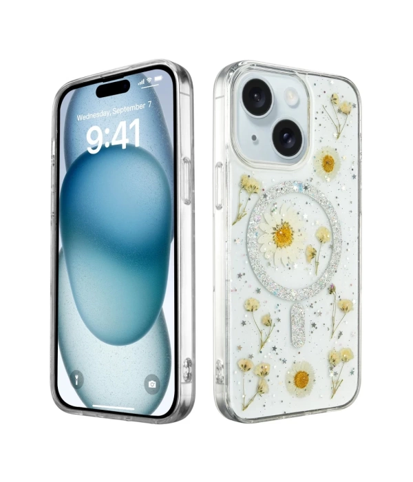 Newface iPhone 14 Kılıf Daisy Simli Magsafe Kapak - Gümüş