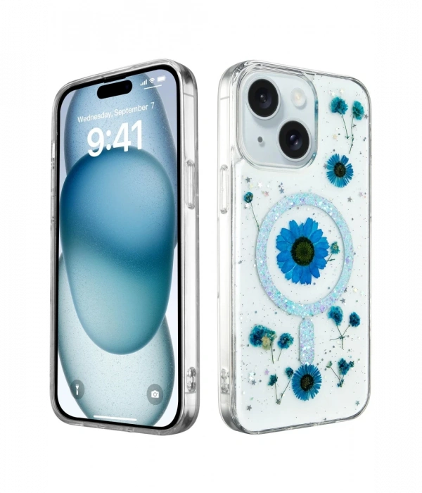 Newface iPhone 14 Kılıf Daisy Simli Magsafe Kapak - Mavi