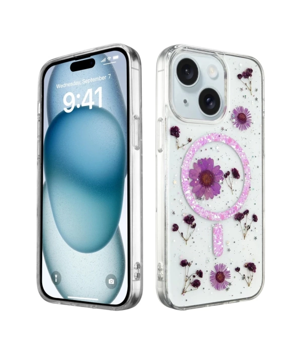 Newface iPhone 14 Kılıf Daisy Simli Magsafe Kapak - Mor