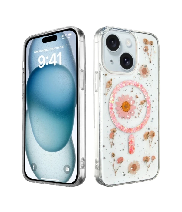 Newface iPhone 14 Kılıf Daisy Simli Magsafe Kapak - Pembe