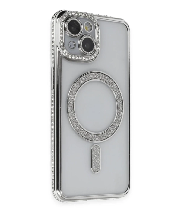 Newface iPhone 14 Kılıf Joke Simli Magneticsafe Kılıf - Gümüş