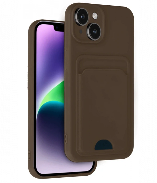 iPhone 14 Kılıf Kelvin Kartvizitli Silikon - Kahverengi