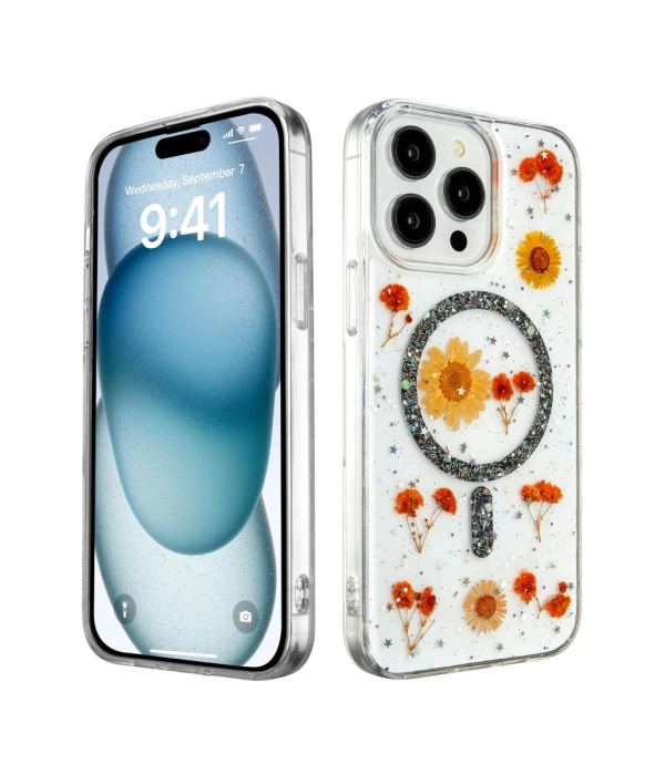 Newface iPhone 14 Pro Kılıf Daisy Simli Magsafe Kapak - Siyah