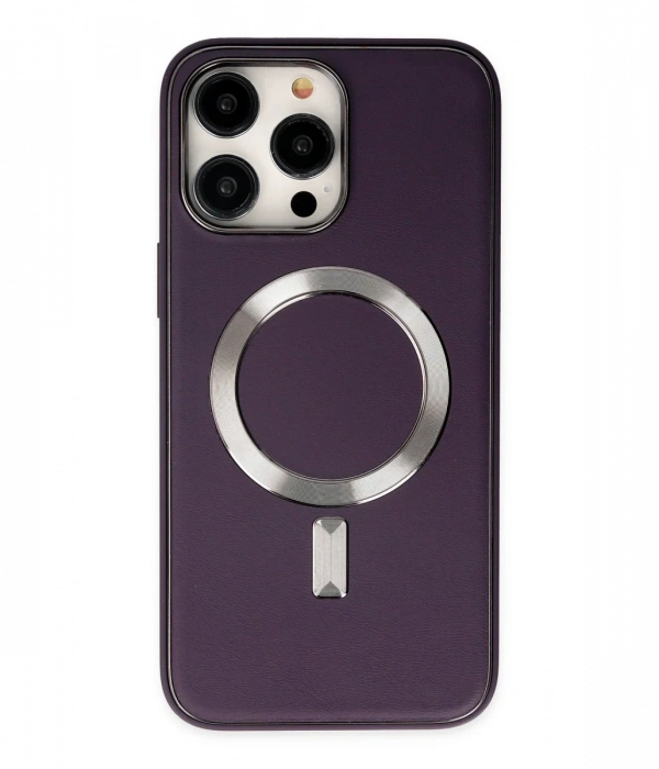 iPhone 14 Pro Max Kılıf Coco Deri Magneticsafe Silikon - Derin Mor