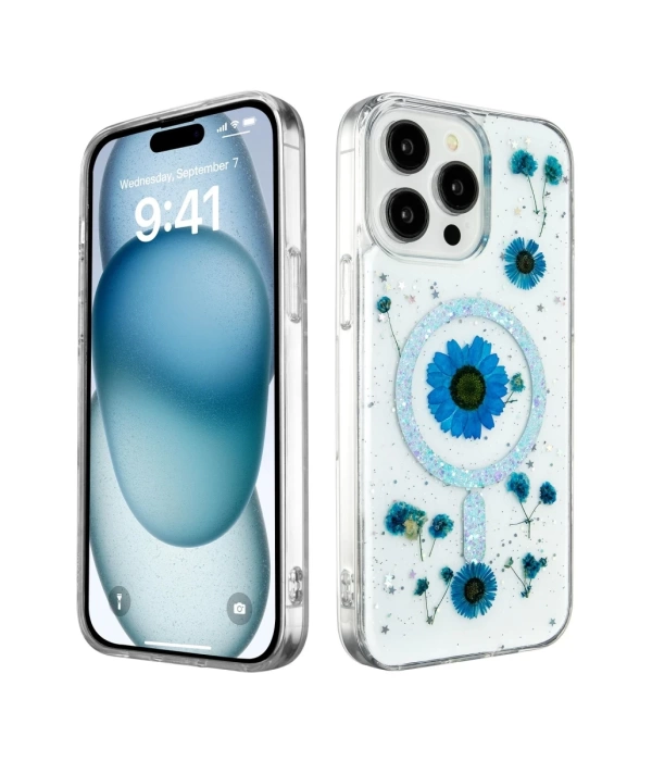 Newface iPhone 14 Pro Max Kılıf Daisy Simli Magsafe Kapak - Mavi