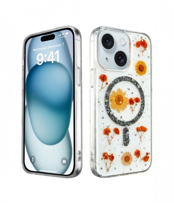 Newface iPhone 15 Plus Kılıf Daisy Simli Magsafe Kapak - Siyah