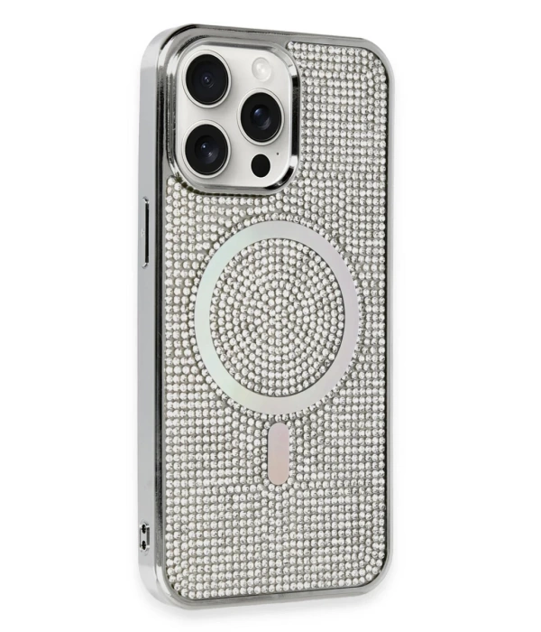 Newface iPhone 15 Pro Kılıf Diamond Magsafe Kapak - Gümüş