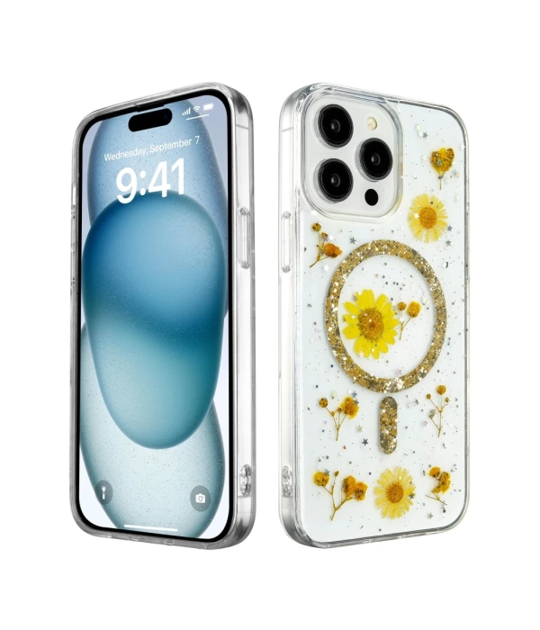 Newface iPhone 15 Pro Max Kılıf Daisy Simli Magsafe Kapak - Gold