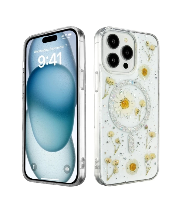 Newface iPhone 15 Pro Max Kılıf Daisy Simli Magsafe Kapak - Gümüş