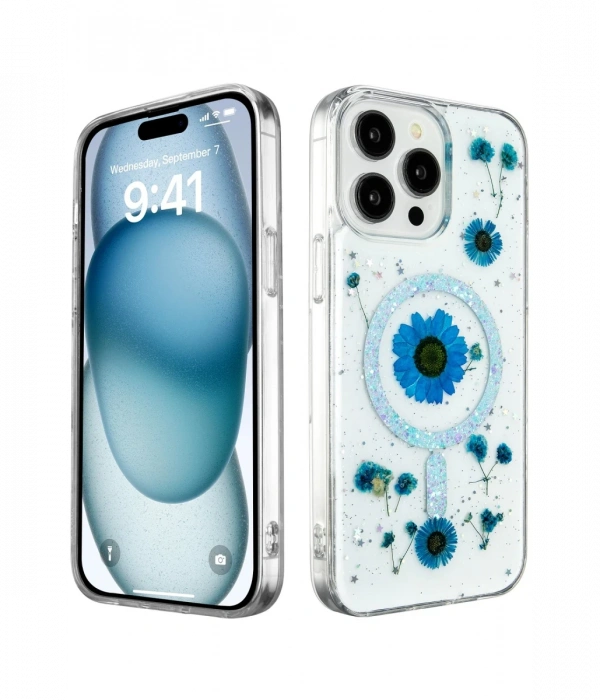 Newface iPhone 15 Pro Max Kılıf Daisy Simli Magsafe Kapak - Mavi