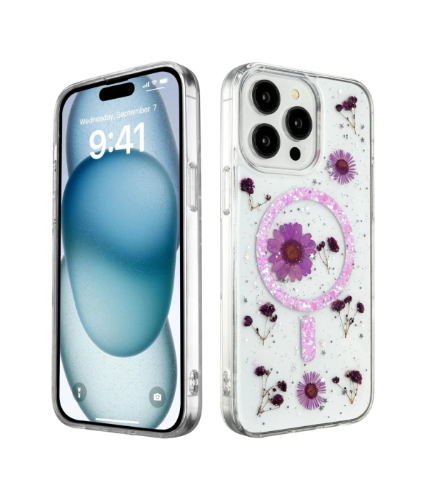Newface iPhone 15 Pro Max Kılıf Daisy Simli Magsafe Kapak - Mor