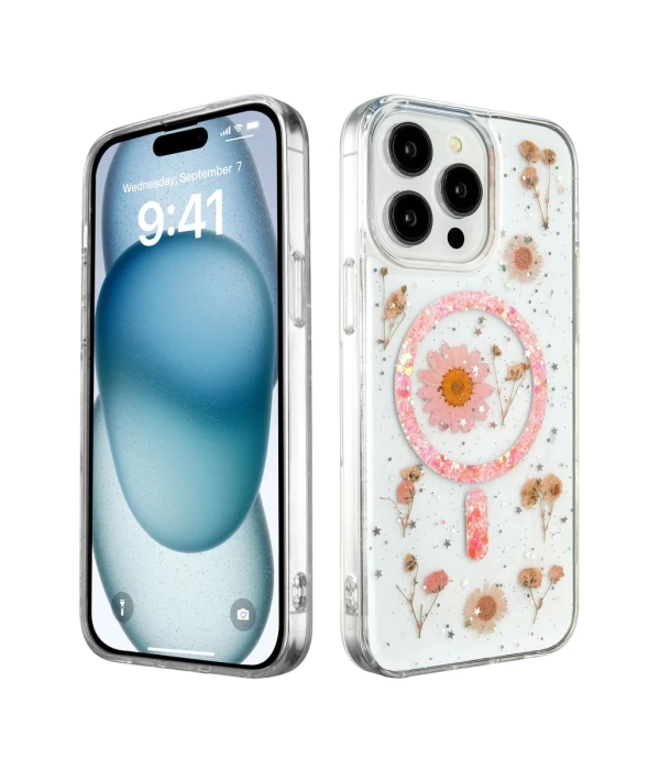 Newface iPhone 15 Pro Max Kılıf Daisy Simli Magsafe Kapak - Pembe