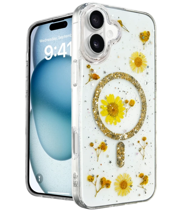 Newface iPhone 16 Kılıf Daisy Simli Magsafe Kapak - Gold