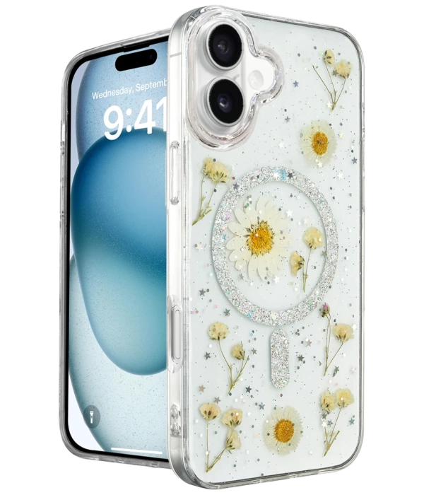 Newface iPhone 16 Kılıf Daisy Simli Magsafe Kapak - Gümüş