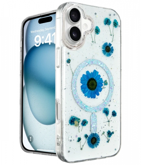 Newface iPhone 16 Kılıf Daisy Simli Magsafe Kapak - Mavi