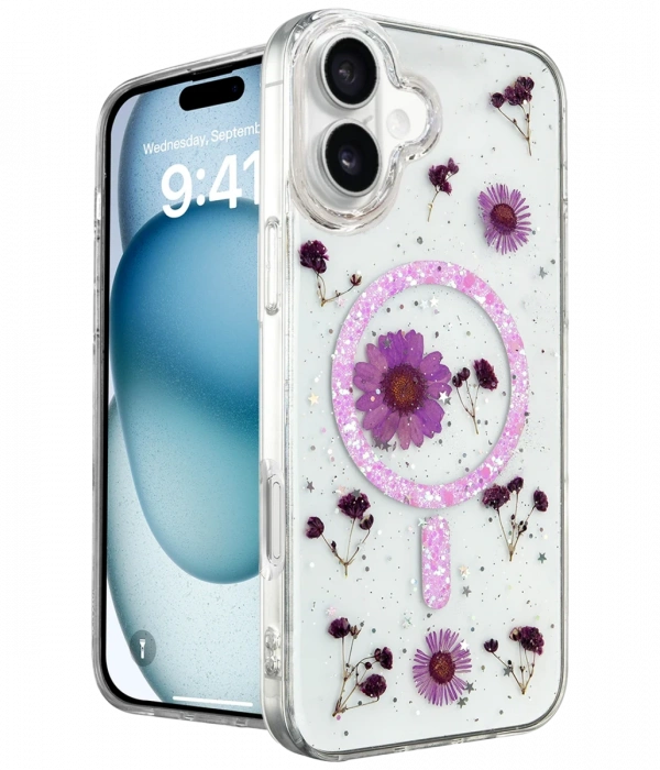 Newface iPhone 16 Kılıf Daisy Simli Magsafe Kapak - Mor