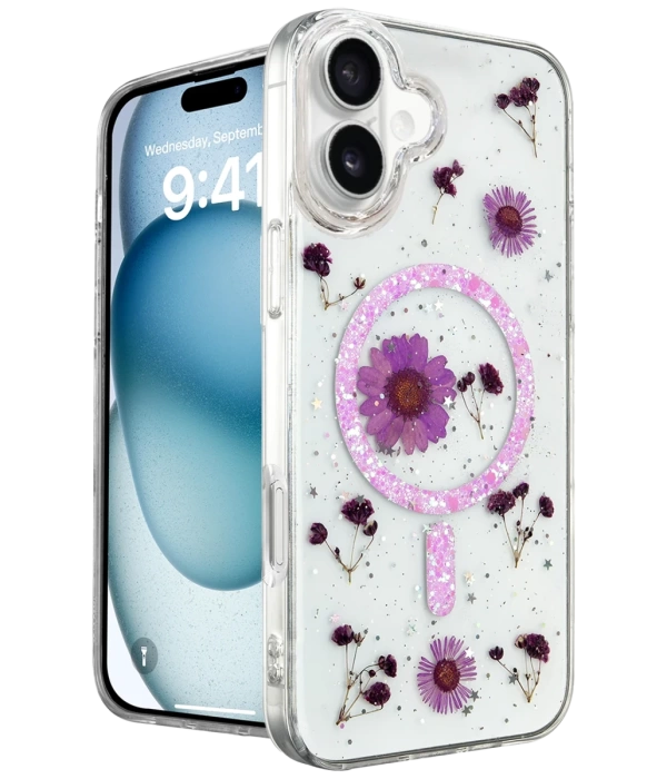 Newface iPhone 16 Kılıf Daisy Simli Magsafe Kapak - Mor