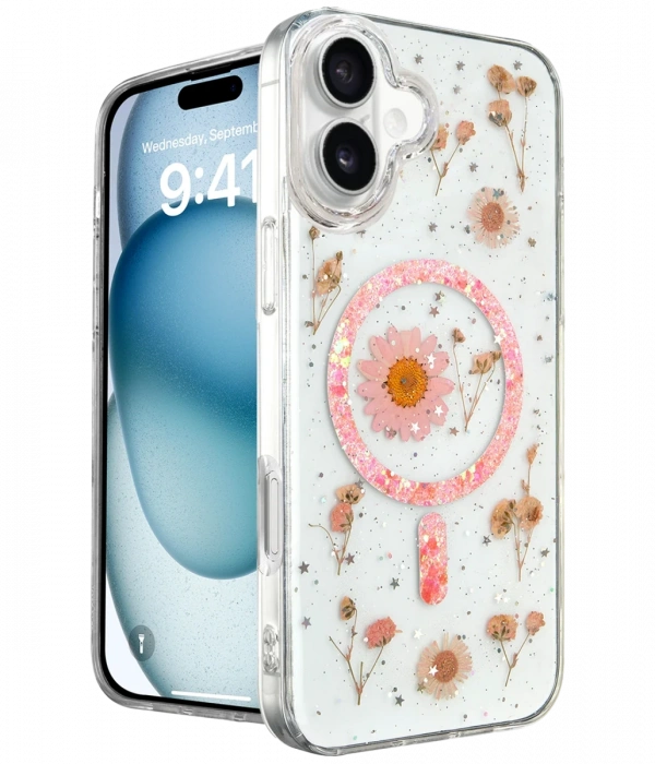 Newface iPhone 16 Kılıf Daisy Simli Magsafe Kapak - Pembe