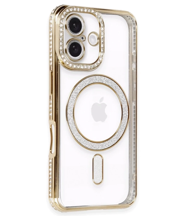 Newface iPhone 16 Kılıf Joke Simli Magneticsafe Kılıf - Gold