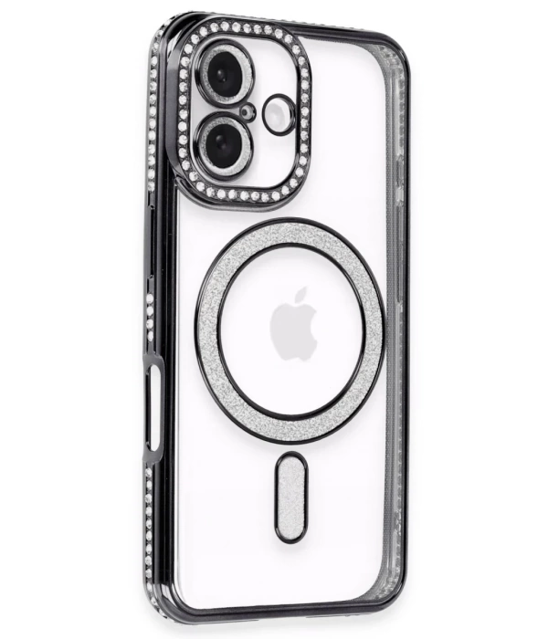 Newface iPhone 16 Kılıf Joke Simli Magneticsafe Kılıf - Siyah