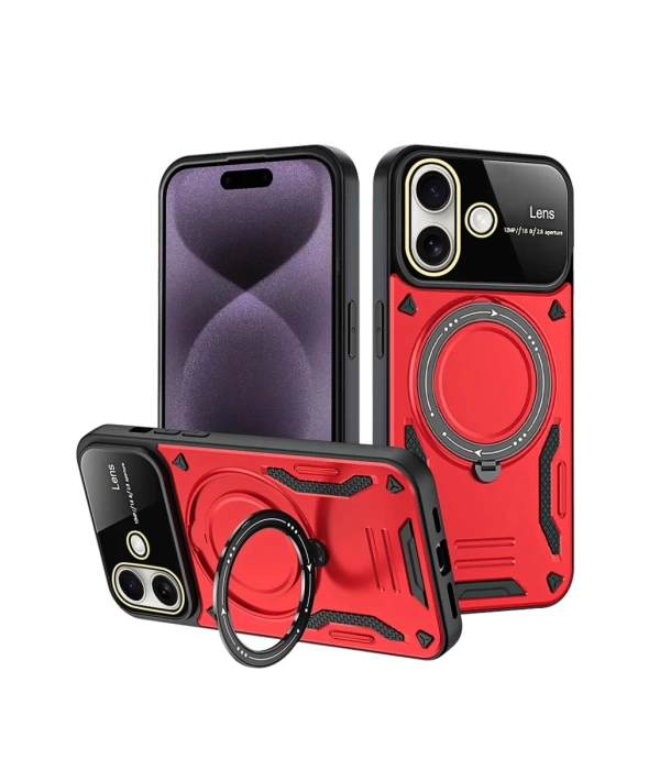 Newface iPhone 16 Kılıf Joy Lens Standlı Kapak - Kırmızı