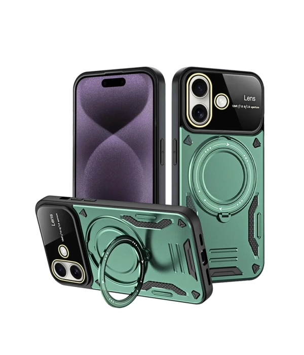 Newface iPhone 16 Kılıf Joy Lens Standlı Kapak - Koyu Yeşil