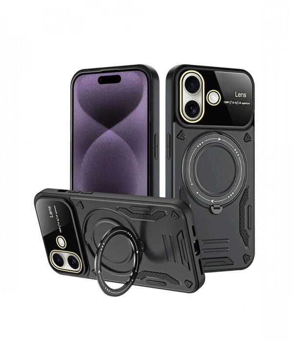Newface iPhone 16 Kılıf Joy Lens Standlı Kapak - Siyah