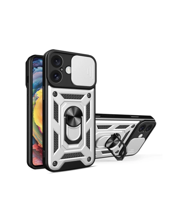 Newface iPhone 16 Kılıf Pars Lens Yüzüklü Silikon - Gümüş