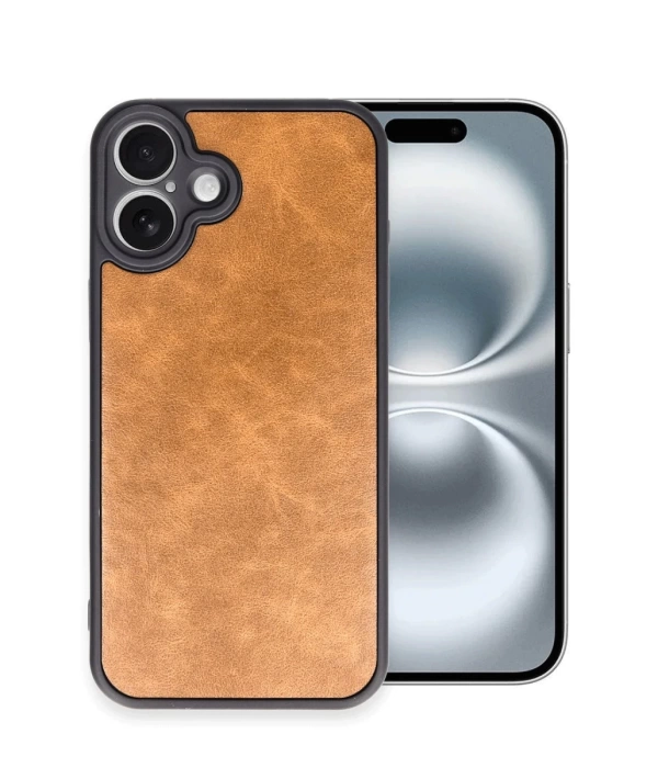 Newface iPhone 16 Plus Kılıf Aras Deri Kapak - Taba