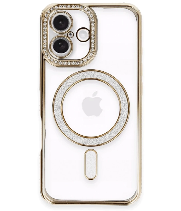 Newface iPhone 16 Plus Kılıf Joke Simli Magneticsafe Kılıf - Gold