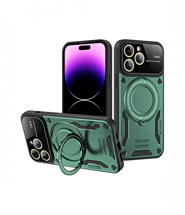 Newface iPhone 16 Pro Kılıf Joy Lens Standlı Kapak - Koyu Yeşil