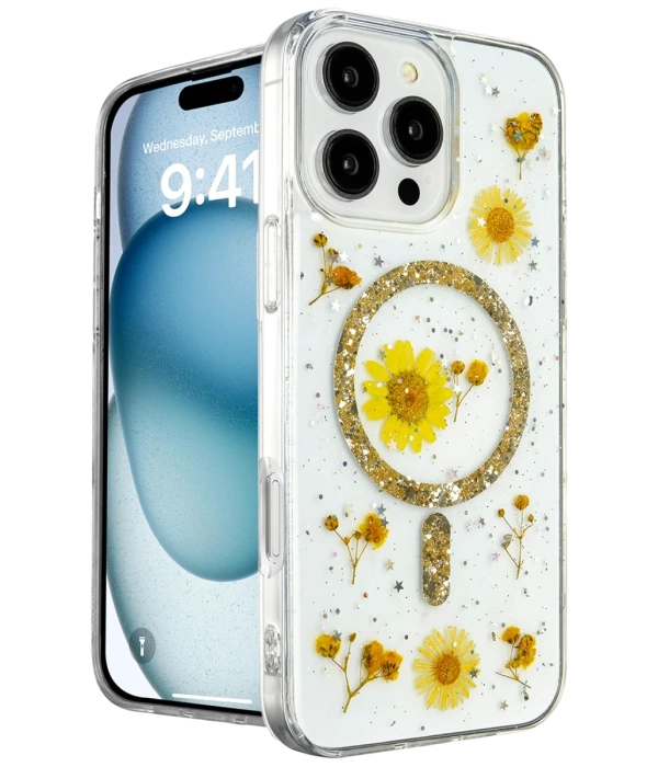 Newface iPhone 16 Pro Max Kılıf Daisy Simli Magsafe Kapak - Gold
