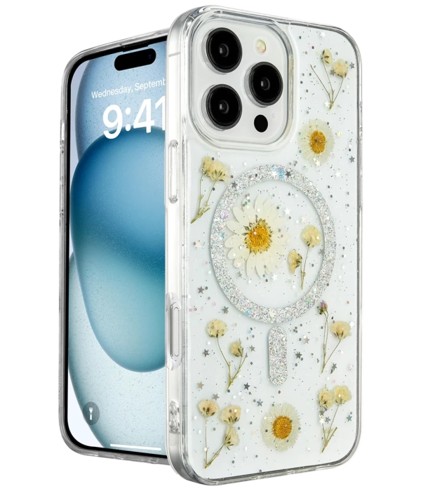 Newface iPhone 16 Pro Max Kılıf Daisy Simli Magsafe Kapak - Gümüş