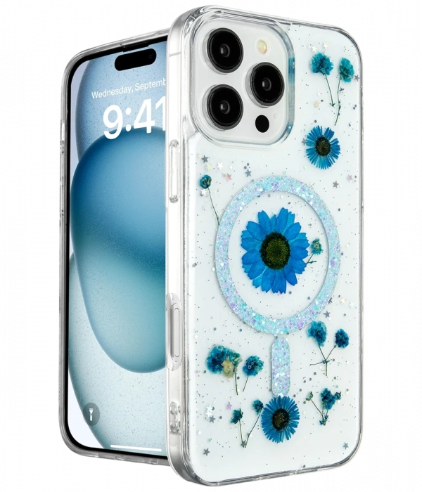 Newface iPhone 16 Pro Max Kılıf Daisy Simli Magsafe Kapak - Mavi