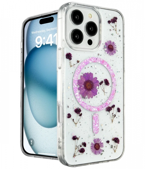 Newface iPhone 16 Pro Max Kılıf Daisy Simli Magsafe Kapak - Mor