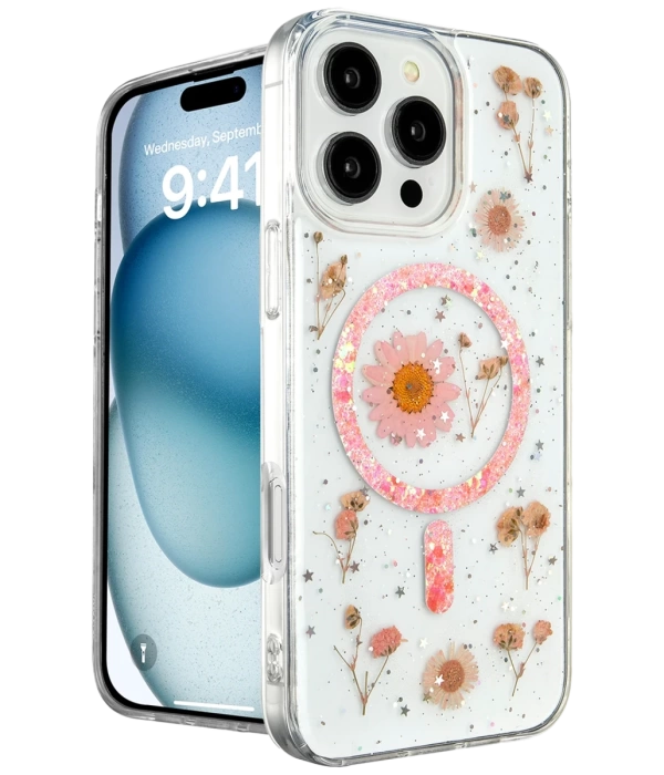 Newface iPhone 16 Pro Max Kılıf Daisy Simli Magsafe Kapak - Pembe