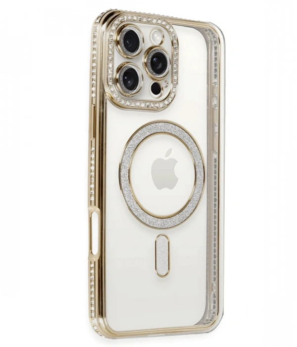 Newface iPhone 16 Pro Max Kılıf Joke Simli Magneticsafe Kılıf - Gold