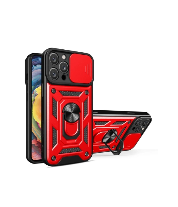 Newface iPhone 16 Pro Max Kılıf Pars Lens Yüzüklü Silikon - Kırmızı