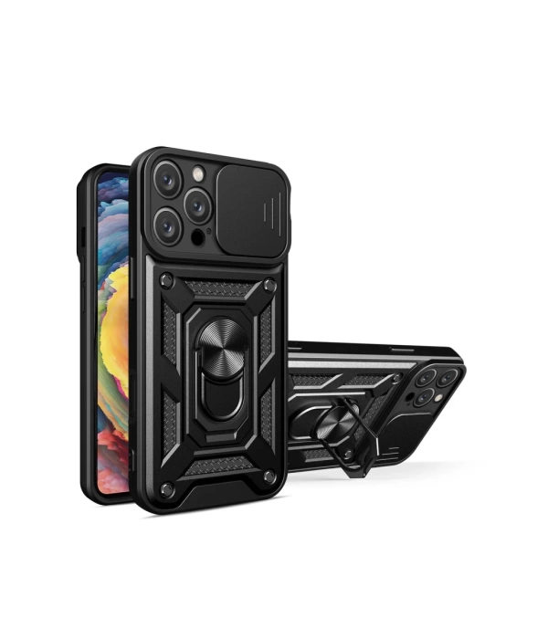 Newface iPhone 16 Pro Max Kılıf Pars Lens Yüzüklü Silikon - Siyah