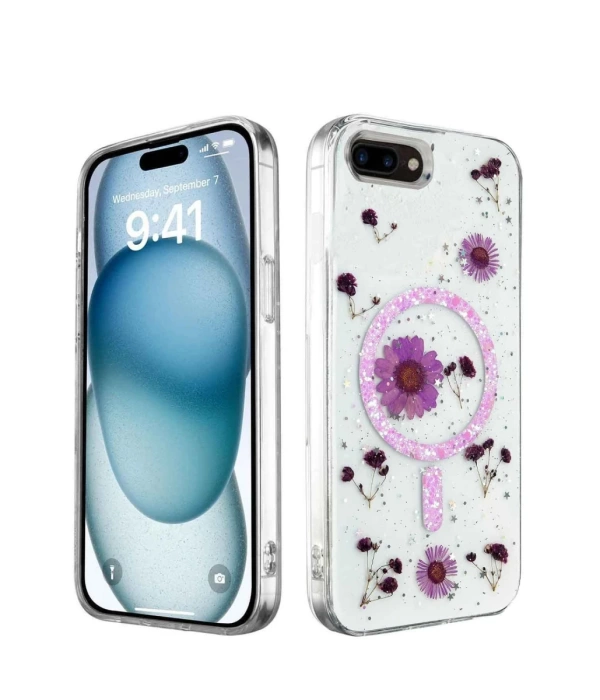 Newface iPhone 7 Kılıf Daisy Simli Magsafe Kapak - Mor