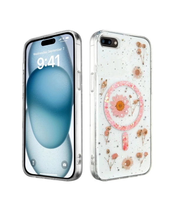 Newface iPhone 7 Kılıf Daisy Simli Magsafe Kapak - Pembe