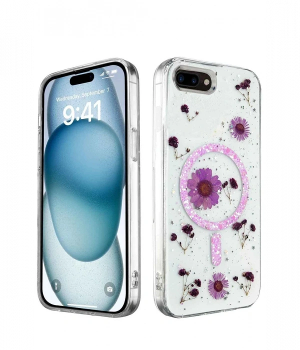 Newface iPhone 7 Plus Kılıf Daisy Simli Magsafe Kapak - Mor