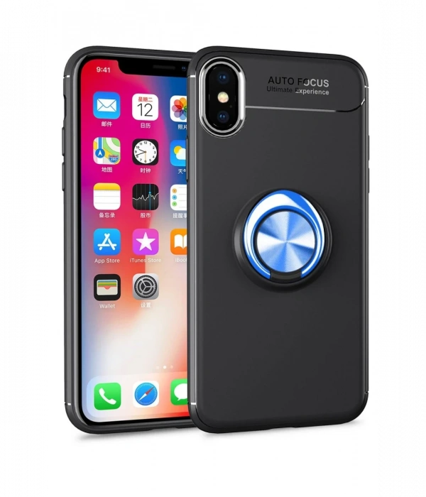 Newface iPhone XS Max Kılıf Range Yüzüklü Silikon - Siyah-Mavi