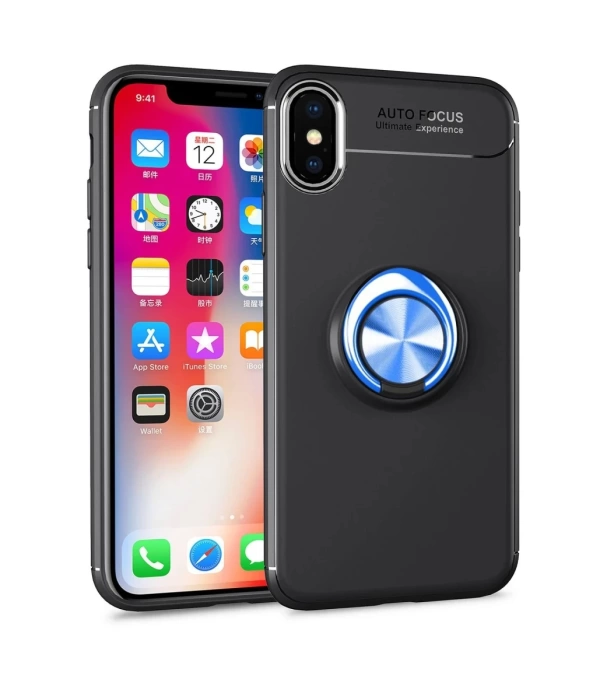 Newface iPhone XS Max Kılıf Range Yüzüklü Silikon - Siyah-Mavi