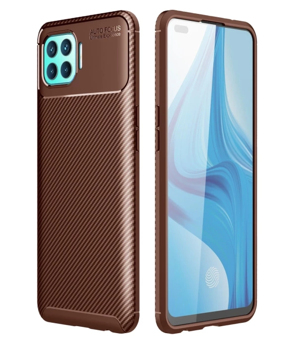 Newface Oppo Reno 4 Lite Kılıf Auto Focus Karbon Kapak - Kahverengi