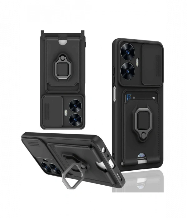 Realme C55 Kılıf Zuma Kartvizitli Yüzüklü Silikon - Siyah